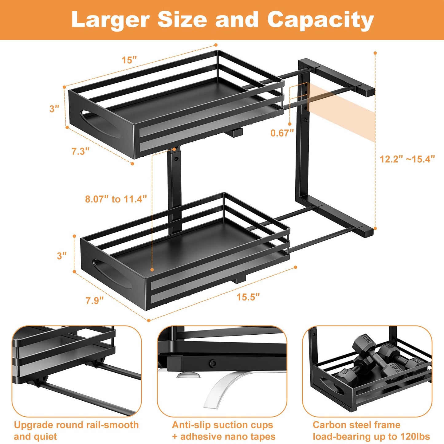 mixeshop Under Sink Organizer, 2 Tier Under Sink Organizers and Storage, Adjustable Height, Slide out Metal Cabinet Organizers, Pull out Cabinet Storage Drawer Shelf for Kitchen Bathroom (Black, 2)