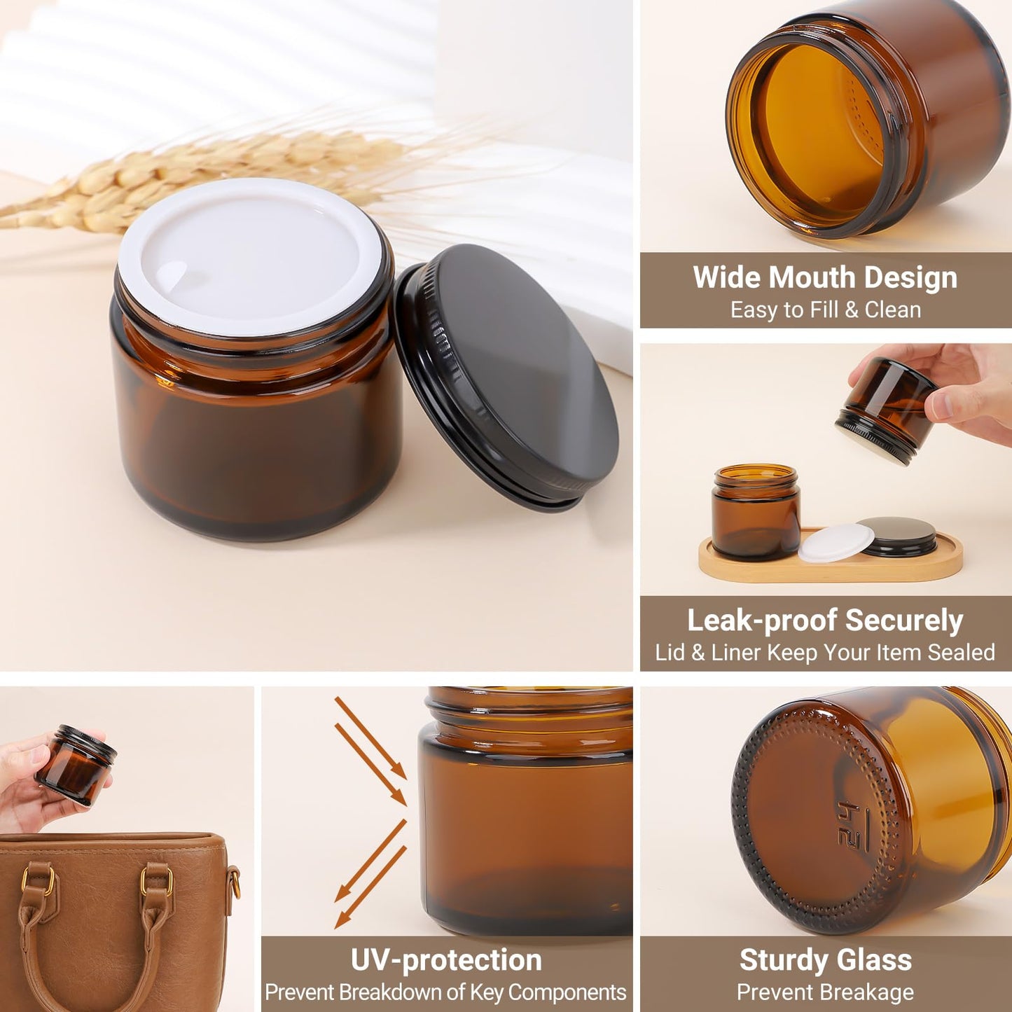 Segbeauty 2oz Amber Glass Jars with Black Lids, 4 Pack 60ml Thick Empty Round Glass Jars with Inner Liner for Cosmetics, Travel Size Containers for Toiletries, Refillable Sample Bottles for Lotion