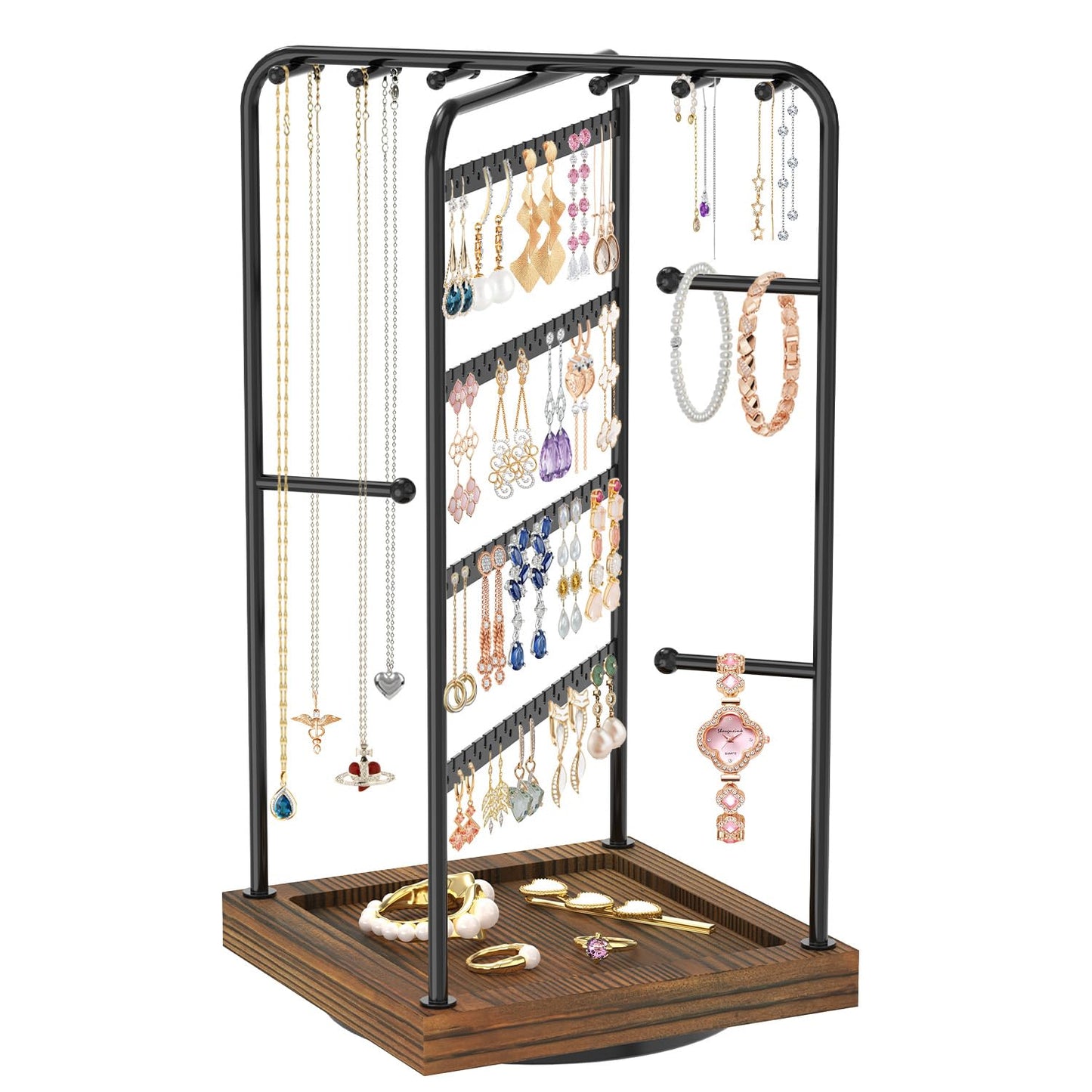MODOWEY Earring Necklace Holder Organizer Jewelry Stand, Wood Rotating Display Tree for Vendor Selling, Tiered Tower Rack for Pierced Stud Bracelet 90+ Pieces Storage, Easy Access for Women, Black
