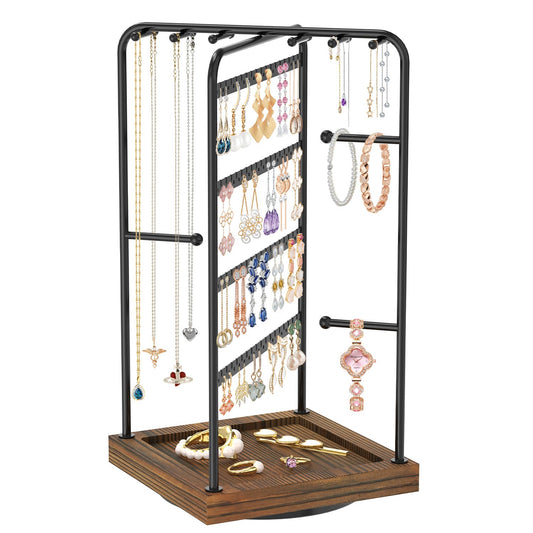 MODOWEY Earring Necklace Holder Organizer Jewelry Stand, Wood Rotating Display Tree for Vendor Selling, Tiered Tower Rack for Pierced Stud Bracelet 90+ Pieces Storage, Easy Access for Women, Black