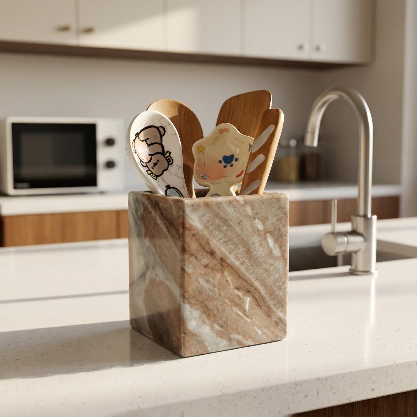KEBTN Natural Marble Pen Holder, 2.95” x 3.74” Square Desk Organizer, Marble Toothbrush Holder, Makeup Brush Holder, Decorative Storage Cup for Office Vanity Bathroom Kitchen Countertop, Brown