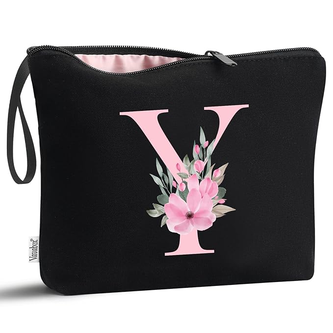 Vavabox A-Z Personalized Makeup Bag, Birthday Gifts for Women Mom, Gifts for Best Friend, Bride Bridesmaid Cosmetic bag (Y, Black)