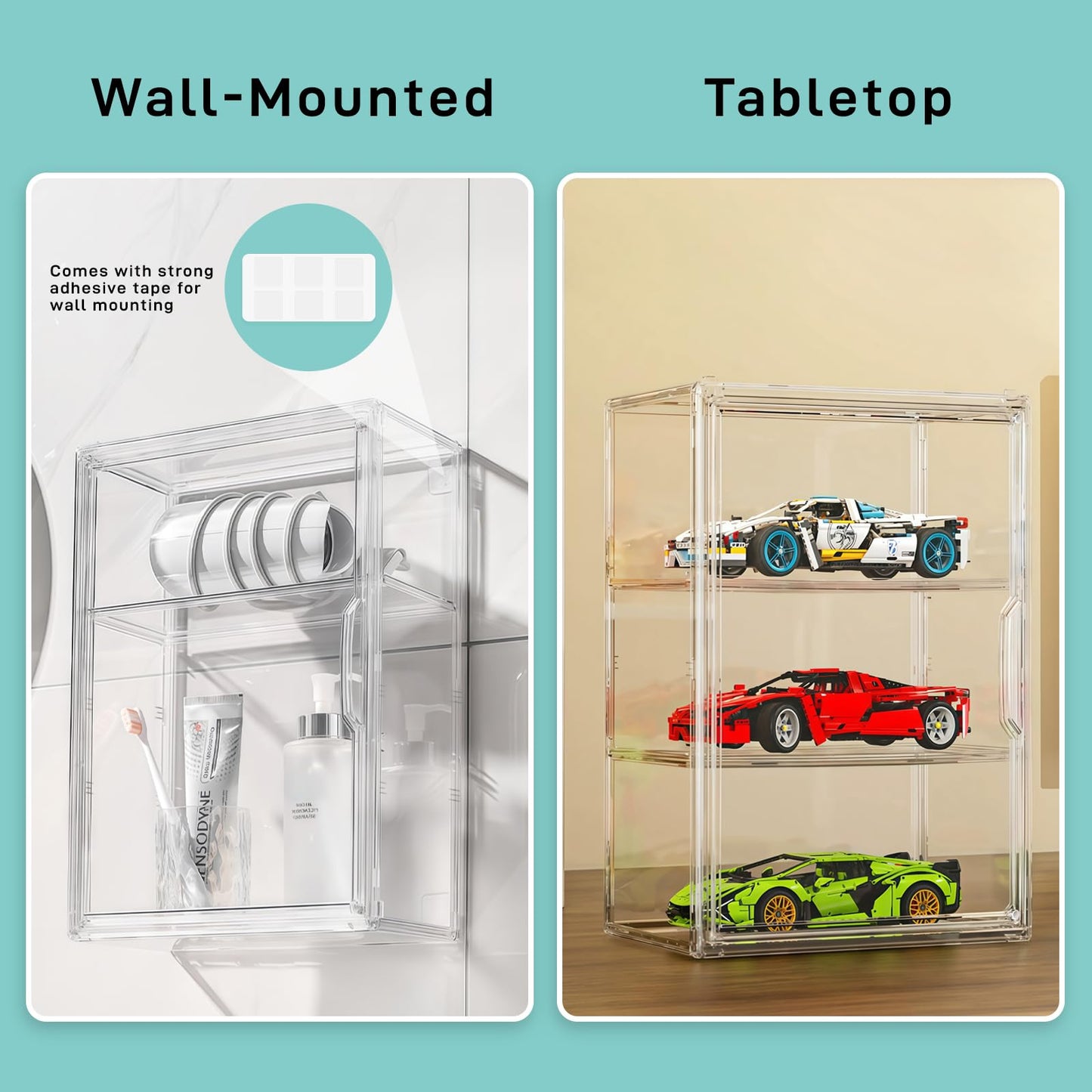 3 Tier Acrylic Display Case for Figures, Stackable Clear Storage Organizer Box with Magnetic Door & Adjustable Shelves for Collectibles, Action Figures & Miniatures, Wall-Mounted or Desktop Showcase