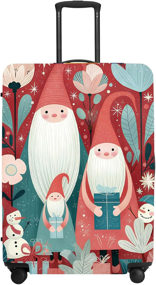 Christmas Gnome Luggage Cover - Red Background with Santa's Helpers, Trees and Snowmen, Elastic Holiday Travel Case for 24 26 Inch Bag