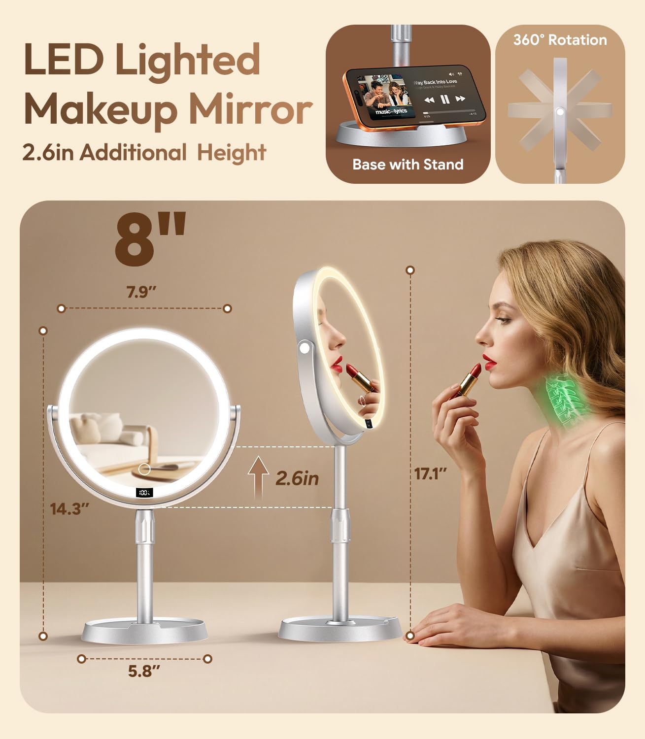 8" ABS Lighted Makeup Mirror with Lights, 1X/20X Magnifying Mirror with Light and Digital Display, 2.6in Height Adjustable, Rechargeable, 3 Color Modes for Makeup & Shaving, Easy to Detach, Women Gift