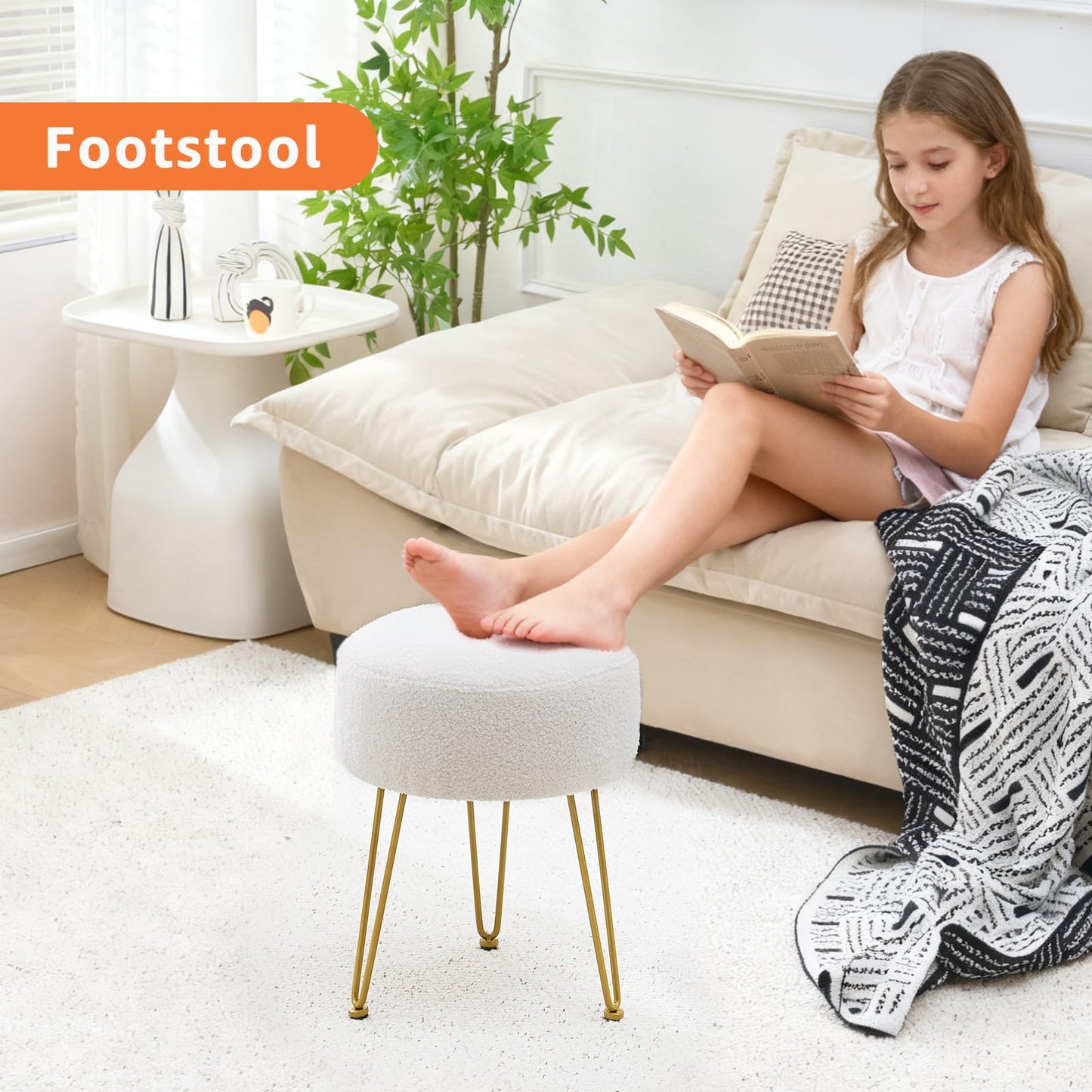 WROCFURSTAR Vanity Stool, Teddy Velvet Ottoman Foot Stool, Dressing Table Seat with Metal Leg Vanity Chair for Bedroom, Living Room, Entryway, Offices