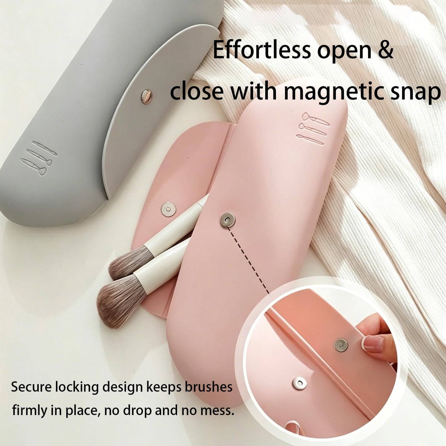 Silicone Makeup Brush Holder & Foldable Brush Cleaner Set – Travel Brush Case with Magnetic Closure, Portable Cleaning Bowl for Brushes, Sponges, and Powder Puffs (Light Pink)