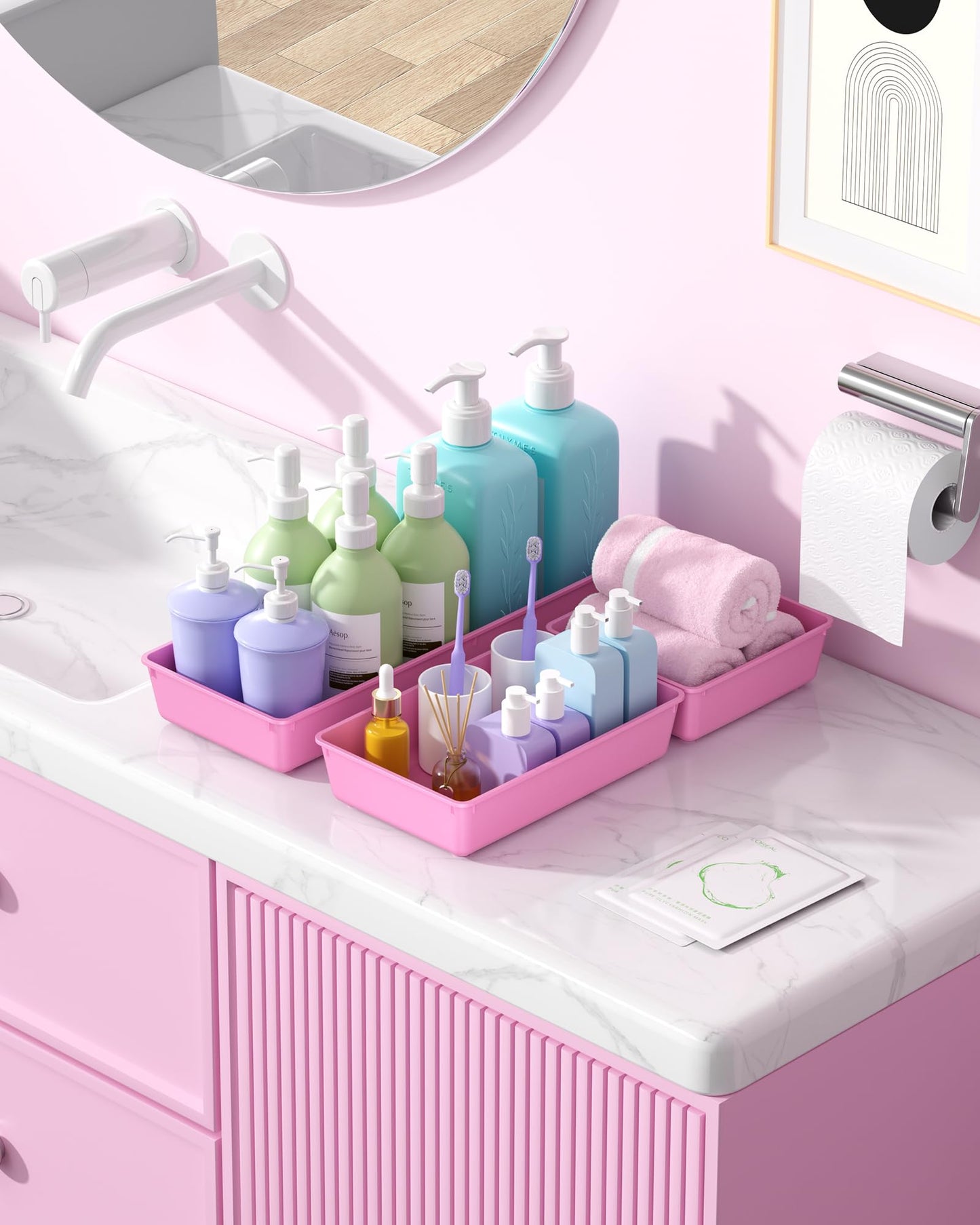 MLIKLU 10 Pack Large Size Plastic Drawer Organizers Set, 3 Sizes Desk Drawer Organizer Trays, Storage Bins for Vanity, Makeup, Bathroom, Kitchen Utensils and Office (Pink)