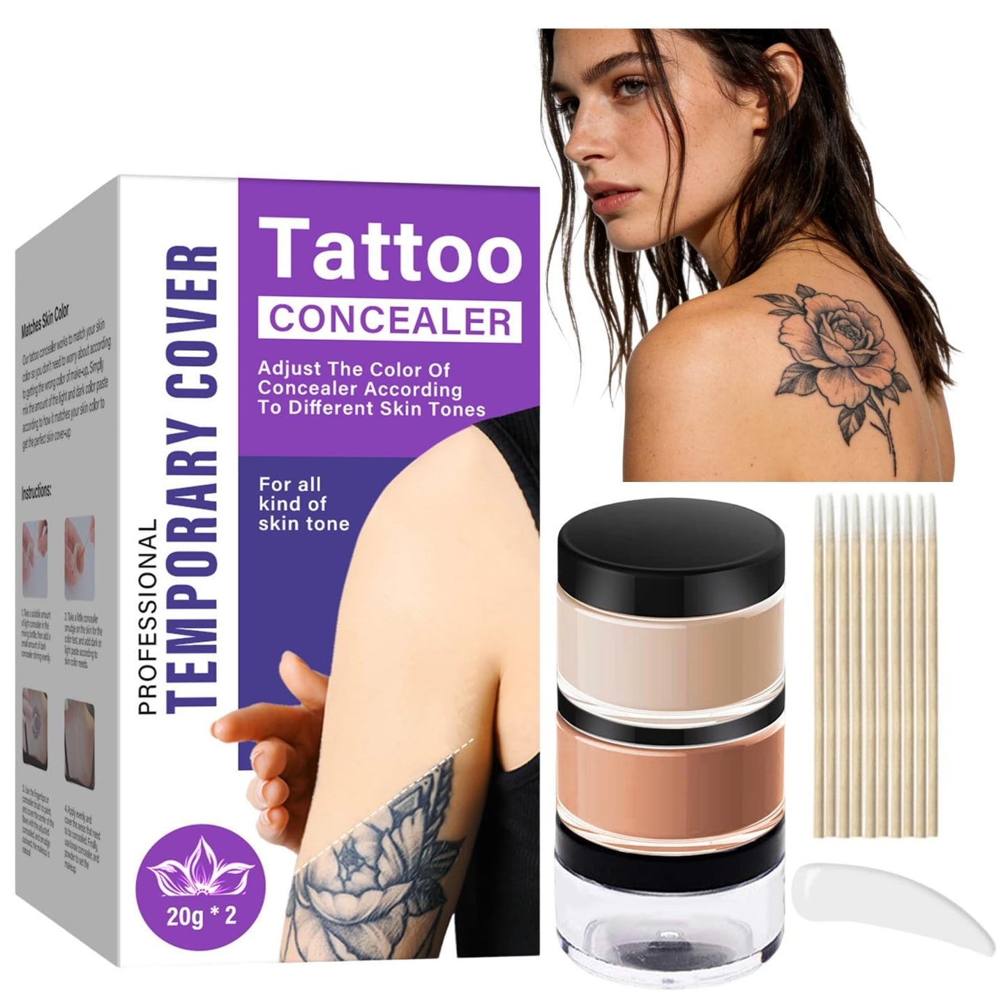 Tattoo Cover Up Makeup Waterproof, 2 Color Professional Skin Concealer for Tattoos Scars and Blemishes, Dark and Light Tone Color Mixing Kit, Long Lasting Camouflage Cosmetics
