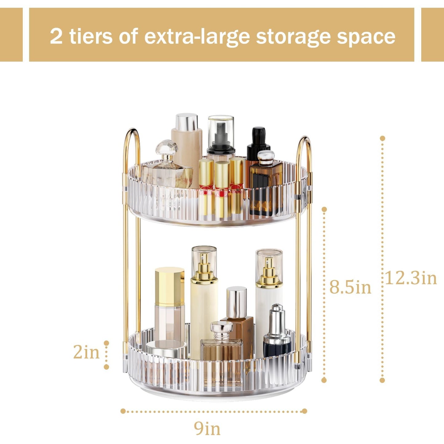 MOKANI 360 Rotating Makeup Organizer for Vanity, 2 Tier Adjustable Perfume Organizer for Dresser, Multi-Function Spinning Cosmetics Skincare Storage for Bedroom, Dresser, Countertop, Clear