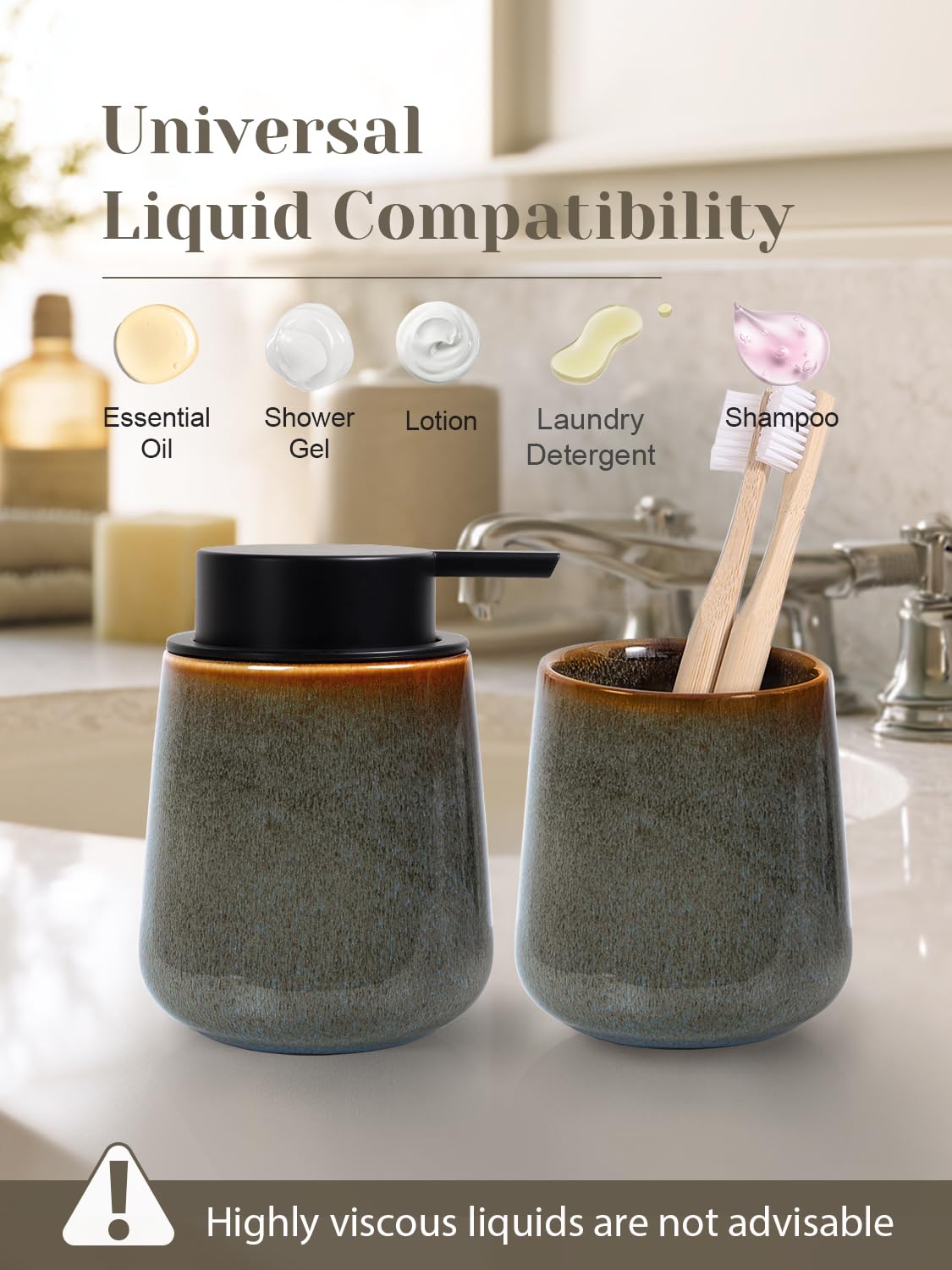 INGOFIN Ceramic Lotion Dispenser - 12 oz Refillable Hand Soap Dispenser Bathroom, Modern Liquid Dispenser with Pump, Dish Soap Dispenser for Kitchen,Kiln-Glazed Green