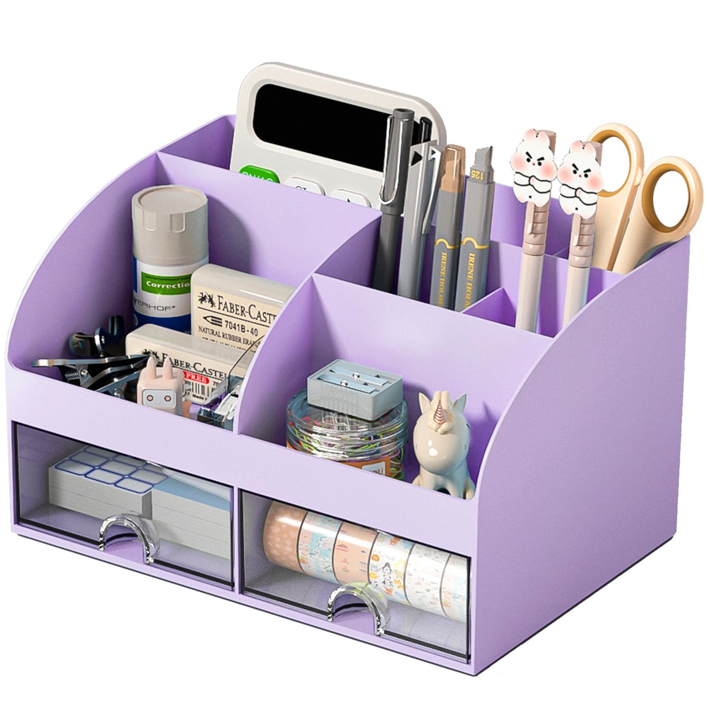 COMFYROOM Desk Organizer with 6 Compartments and 2 Drawers, Plastic Makeup Organizer, Pen Holder for Desktop Storage, Desk Organization for School, Home, Office Supplies (Purple)