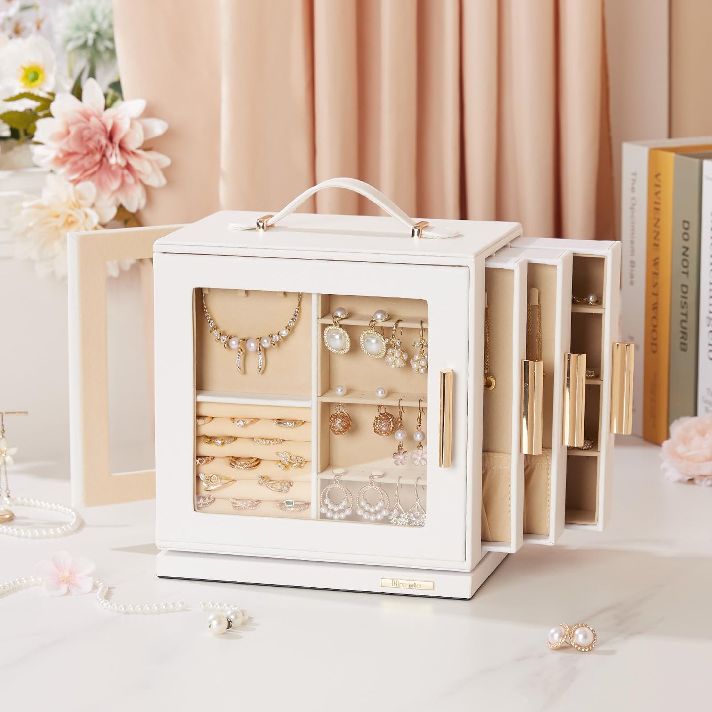 Homde Jewelry Box for Women Large: Rotating Organizer for Ring Earring Necklace Bracelet - 7 Drawers Storage for Dresser (White)