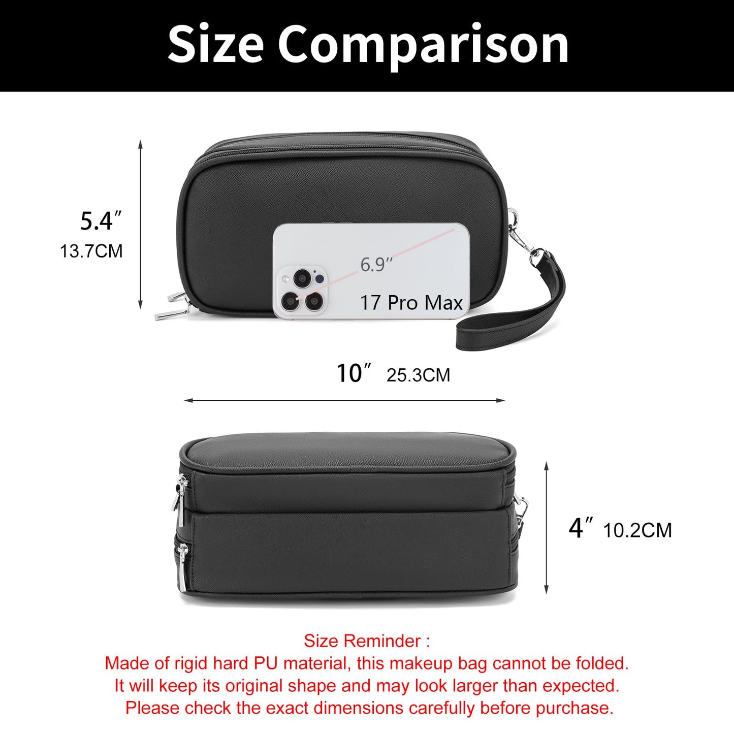 XIAOLER Makeup Bag for Women, Wide-open Makeup Organizer with Makeup Brush Holder, Waterproof Cosmetic Bag with Compartment, Portable Travel-Size Toiletry Bag for Traveling, Large Make Up Bag (Black)