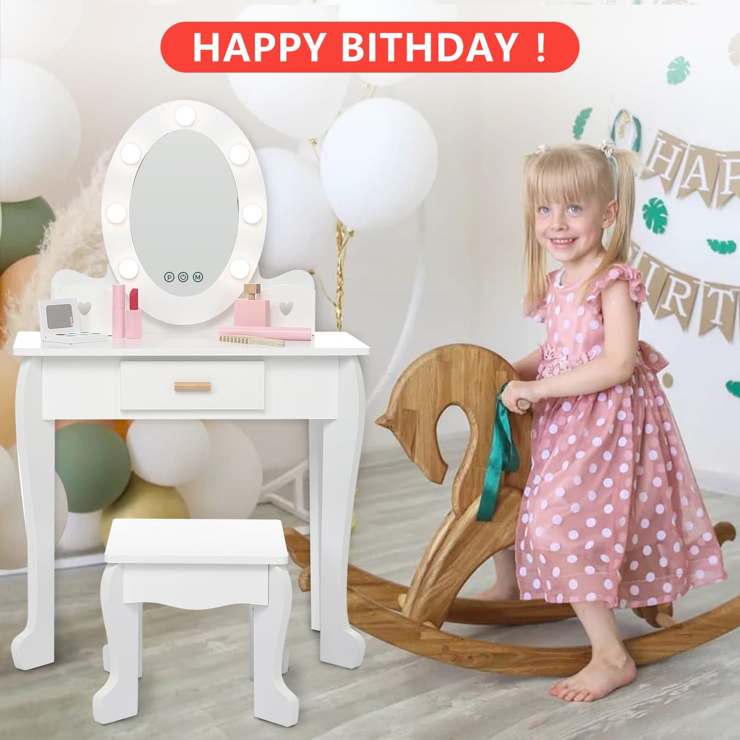 GarveeHome Kids Vanity with Lighted Mirror, Toddler Vanity Table and Chair Set, Girls Makeup Playset, Pink