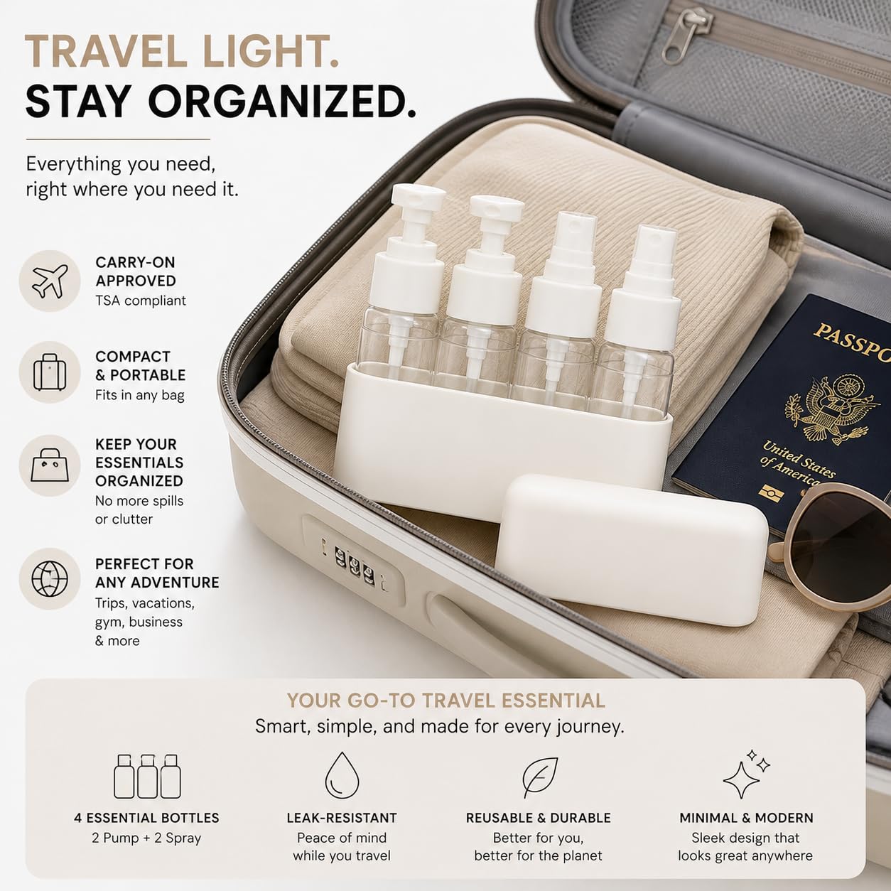 Patternly Prime Travel Bottles for Toiletries (2 Pump + 2 Spray), TSA Approved 1.7oz/50ml Travel Containers Set with Case, Leak Proof Skincare Travel Kit for Lotion, Cleanser, Toner & Facial Mist
