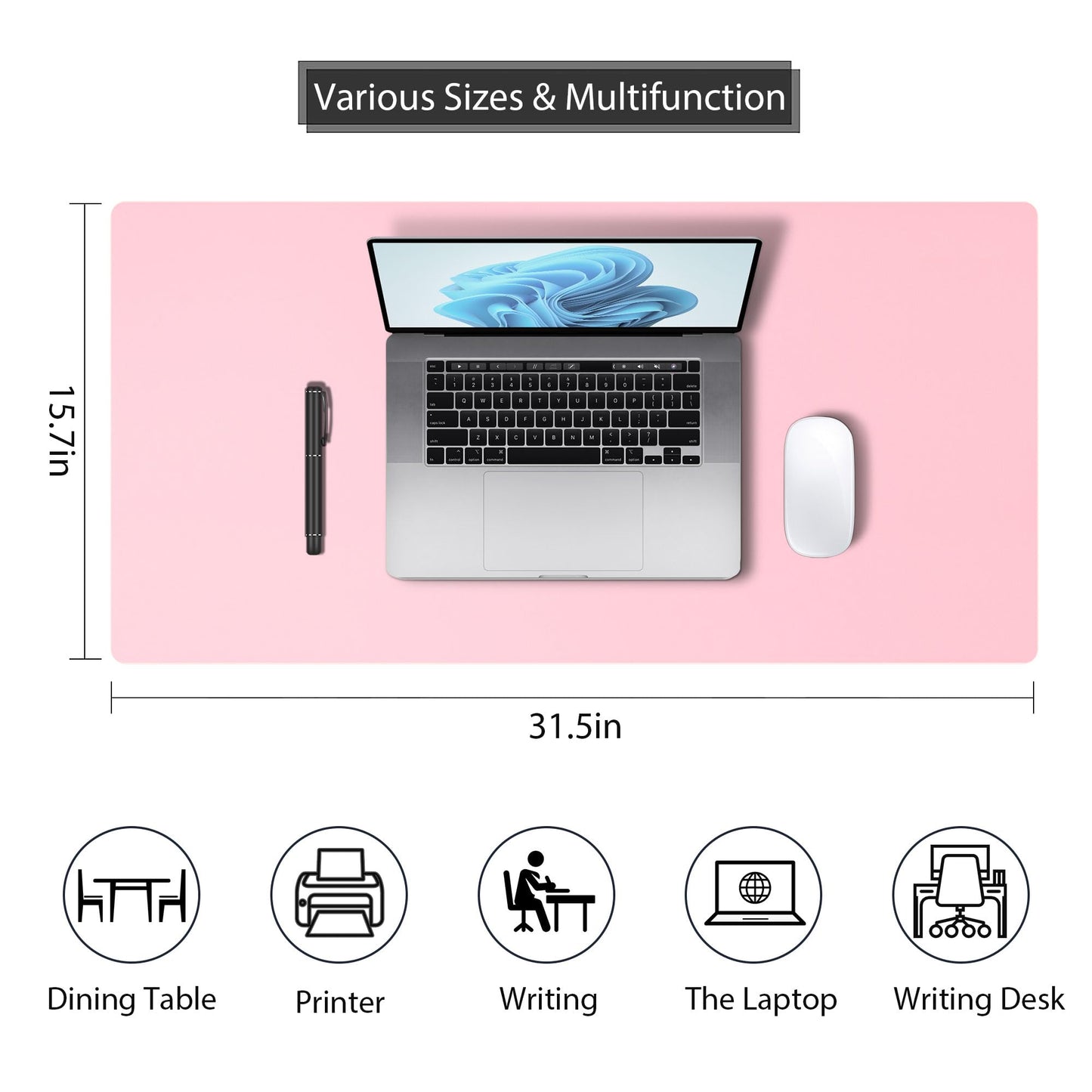 Leather Desk Pad Protector, Mouse Pad, Non-Slip Computer Mat for Desk, PU Leather Office Desk Mat for Home & Office, Waterproof Laptop Desk Blotter for Keyboard and Mouse, Pink (15.7''X31.5'')