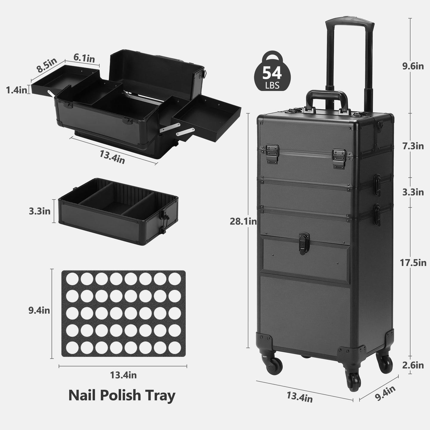 Somduy 4 in 1 Rolling Makeup Case on Wheels with Drawer and Professional Cosmetic Organizers for Salon Barber - Bright Black