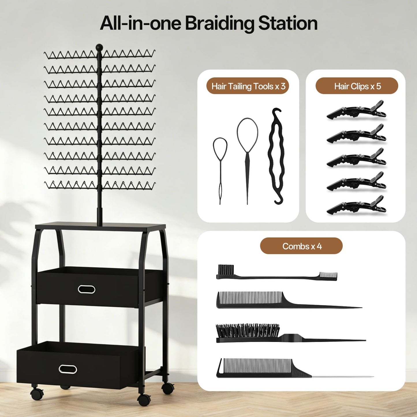 XINTUO Portable Braiding Hair Rack with Wheels & Storage Drawers,280 Pegs Hair Extension Holder Hanger for Braiding Hair Separator Stand Display,Hair Rack with Stylist Hair braiding Tools(Black)