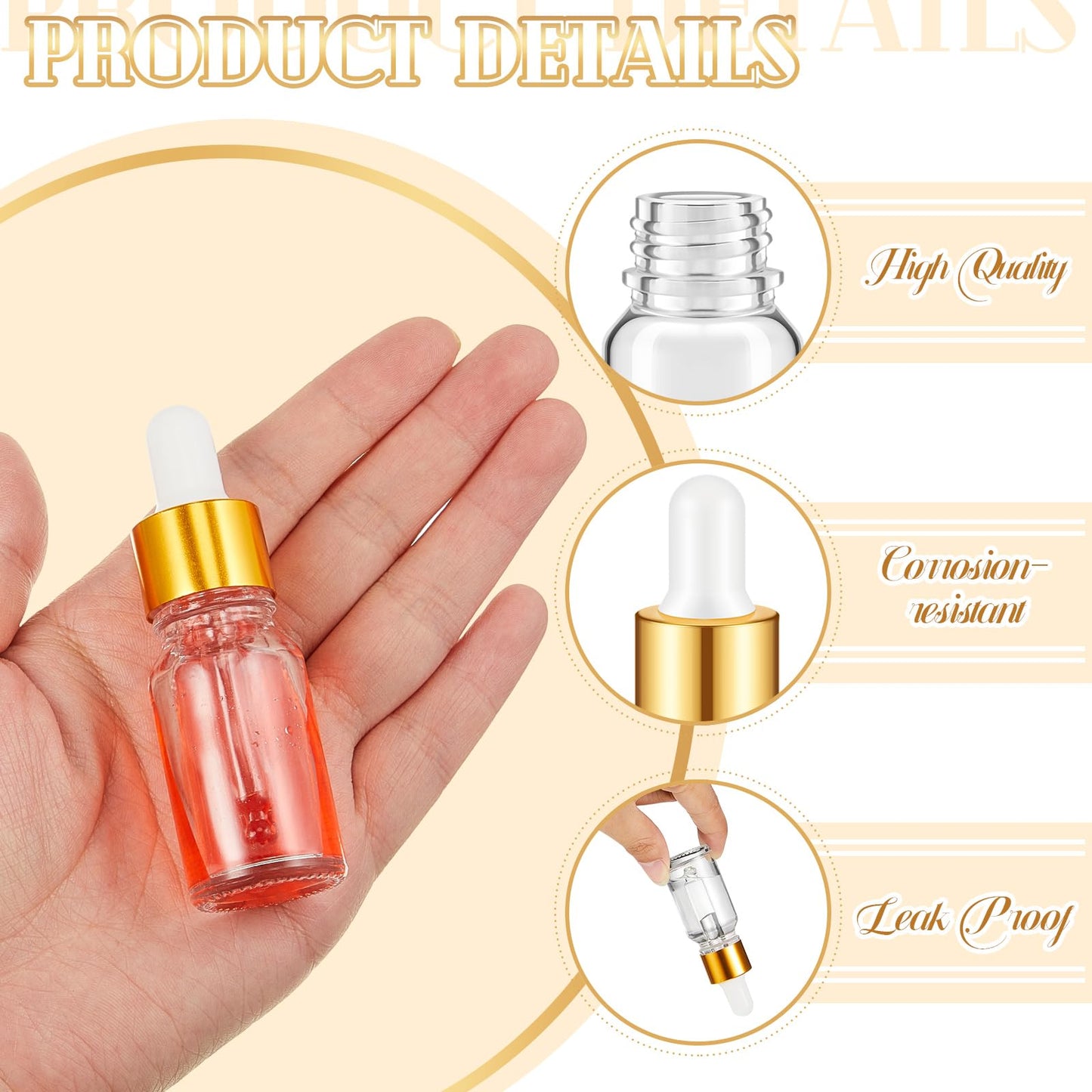 Didaey 100 Pcs 10 ml Mini Glass Oil Dropper Bottle Bulk, Clear Essential Small Empty Bottles Sample Containers Perfume Liquid Vials with Cap for Traveling (Champagne Gold)