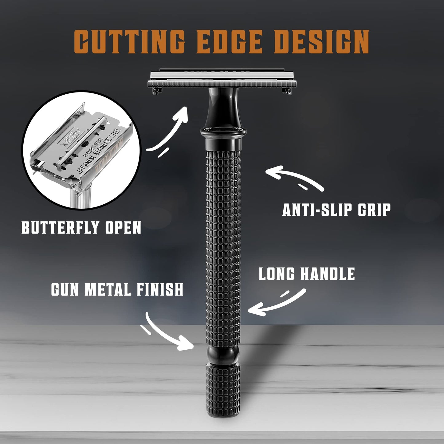 SHAVING REVOLUTION Black Long Handle Double Edge Safety Razor with 60 Platinum Japanese Stainless Steel Blades – Close, Smooth, and Precise Shave for Men, Easy Blade Replacement. With Cleaning Brush.