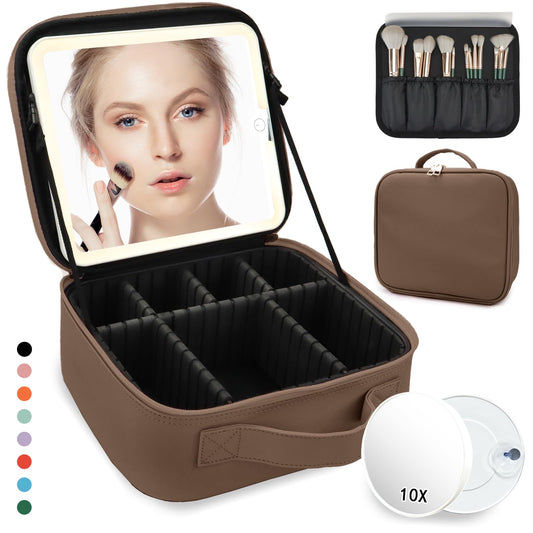 MORMID Makeup Bag with Mirror,with Mirror 3 Color Setting and Detachable 10x Magnifying Mirror Large Vanity Makeup Cases,Portable Storage and Adjustable Dividers, for Women and Makeup Artists-Mocha