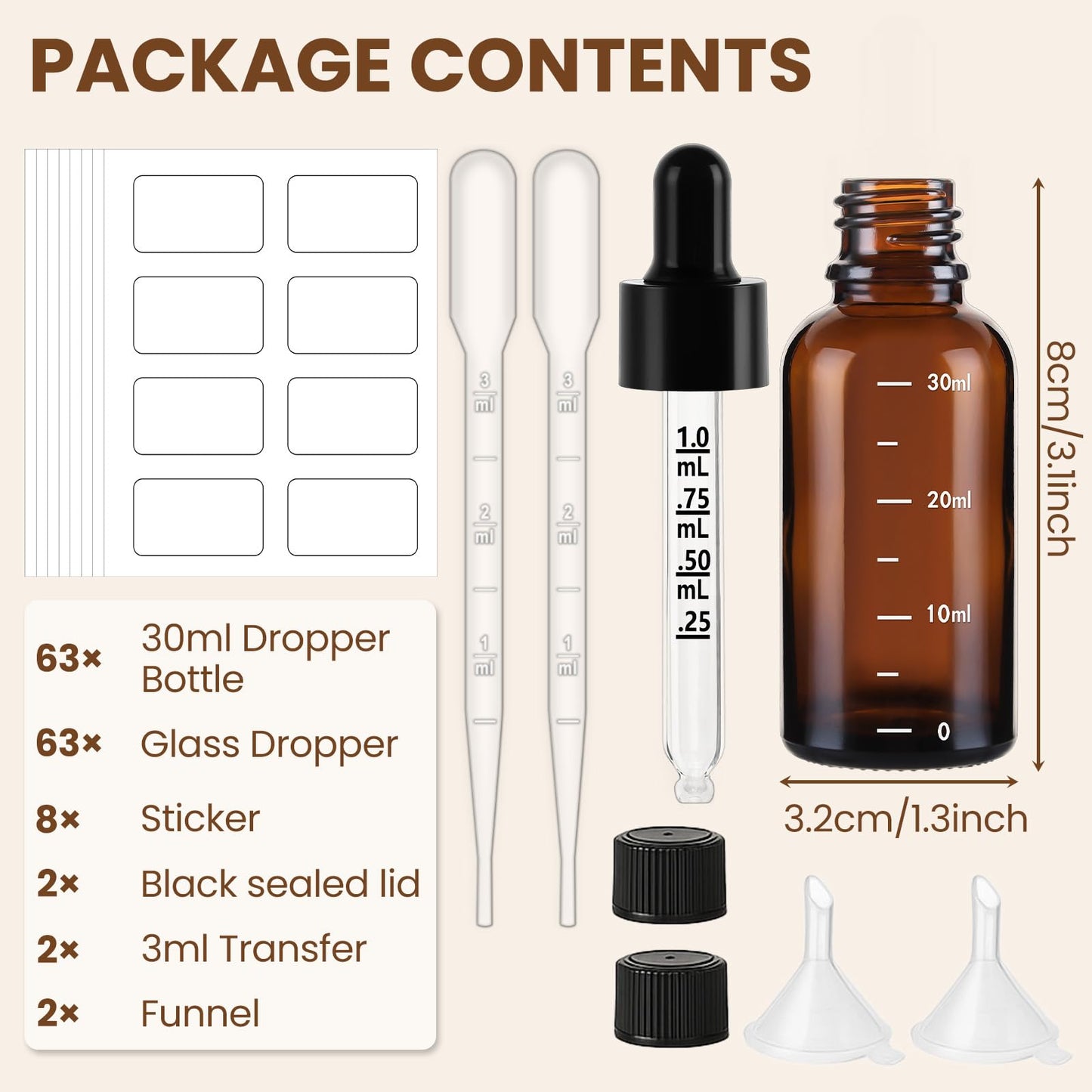 UPBUD 63 Pcs 1oz Amber Glass Dropper Bottles with Measurement, 30ml Leakproof Tincture Bottles with Funnels, Eye Droppers, Extra Caps & Labels, Refillable Empty Bottle for Tinctures, Essential Oils