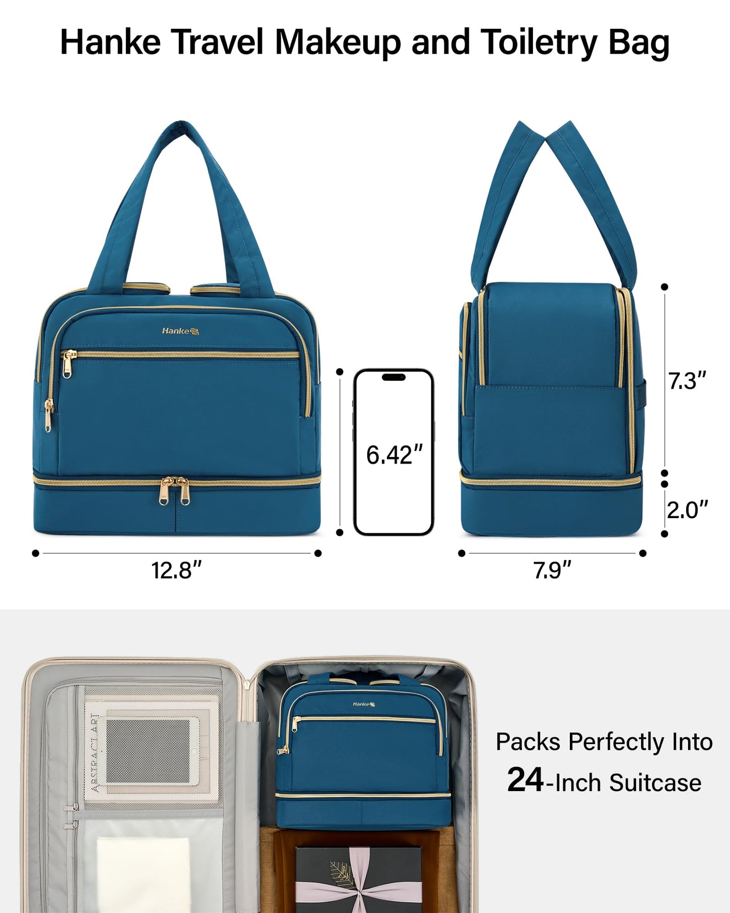 Hanke Travel Toiletry Bag, Lightweight Wide-open Large Toiletry Bags for Women, Dual-Layer Makeup Bag Water-Resistant Cosmetic Travel Bag with Handle for Accessories, Essentials, Navy Blue