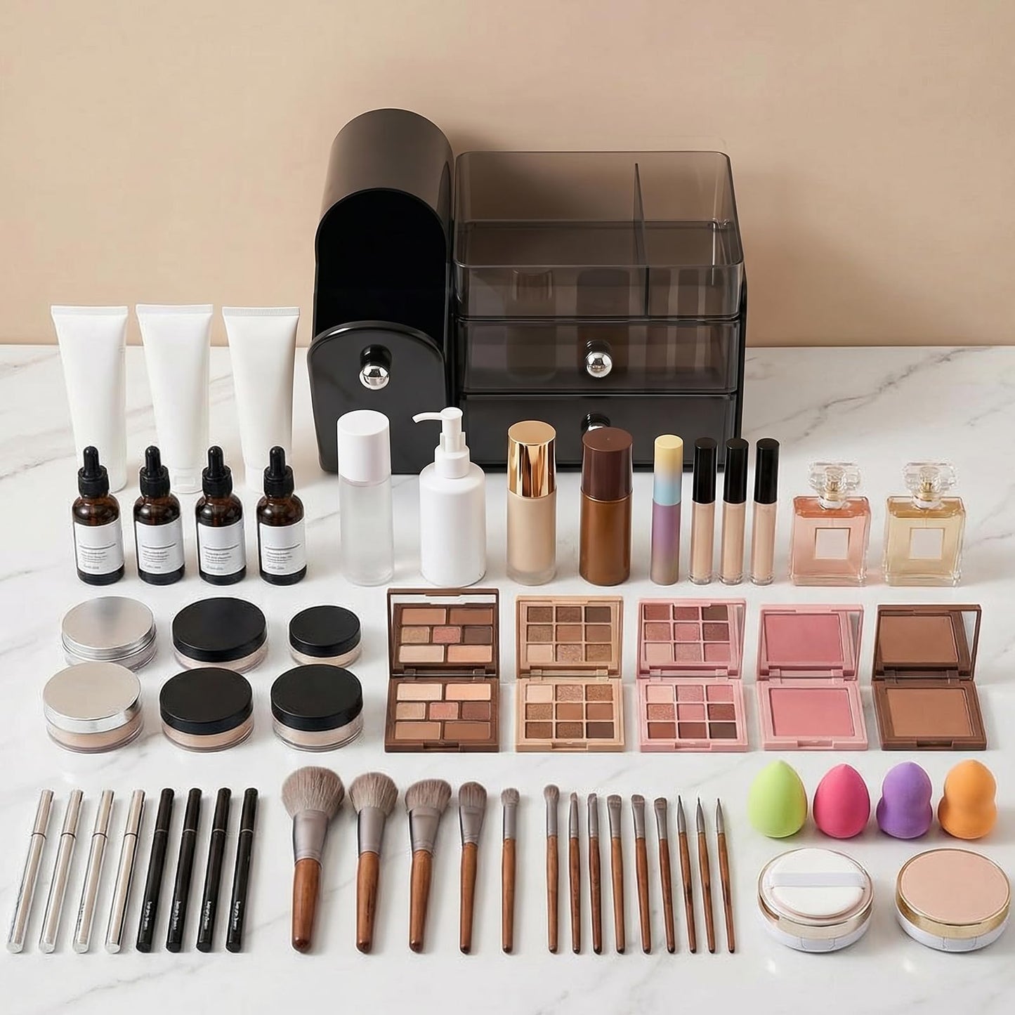 Makeup Organizer with Dustproof Brush Holder, Large Capacity Skincare & Cosmetic Storage for Vanity, 3-Tier Bathroom Countertop Organizer with Drawers for Perfume, Lipstick, Mask, Ideal Gift (Black)