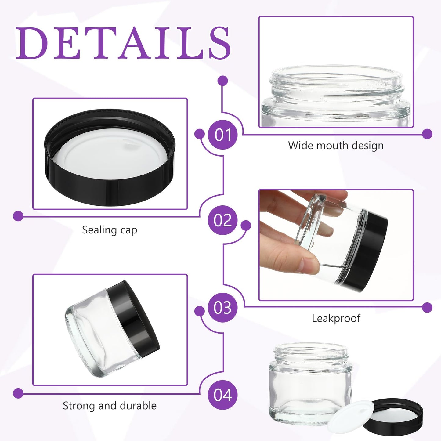 12 Pcs 2 oz Clear Glass Jars with Black Lids Leakproof Round Airtight Jars Empty Cosmetic Jars with Inner Liners Lid for Candle Making Storing Lotions Spice Powder Liquid Sample Makeup (Black,clear)