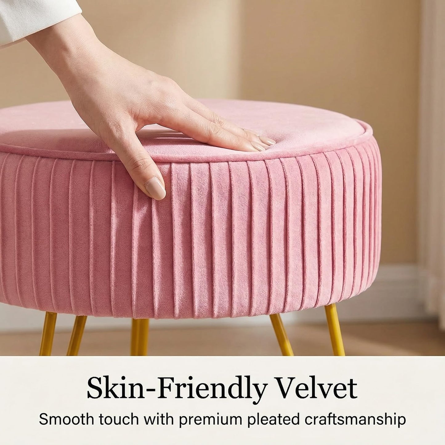 Leesingdo Velvet Vanity Stool, Modern Ottoman Foot Rest Stool with Adjustable Golden Legs, Makeup Chair for Vanity, Multifunctional Small Vanity Chair for Bedroom, Pink