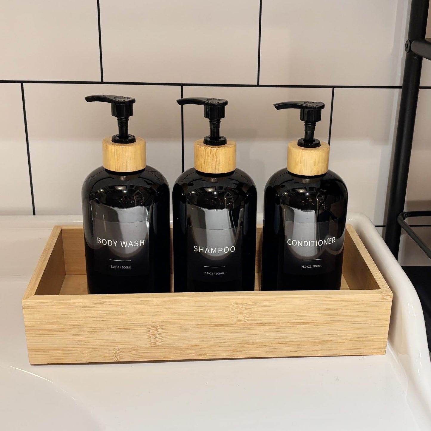 Shampoo and Conditioner Dispenser, Refillable Plastic Shampoo Pump Bottles with Waterproof Labels, Empty Body Wash Dispenser Set for Bathroom, Shower Soap Bottles (Black, Set of 3, 16.9oz)