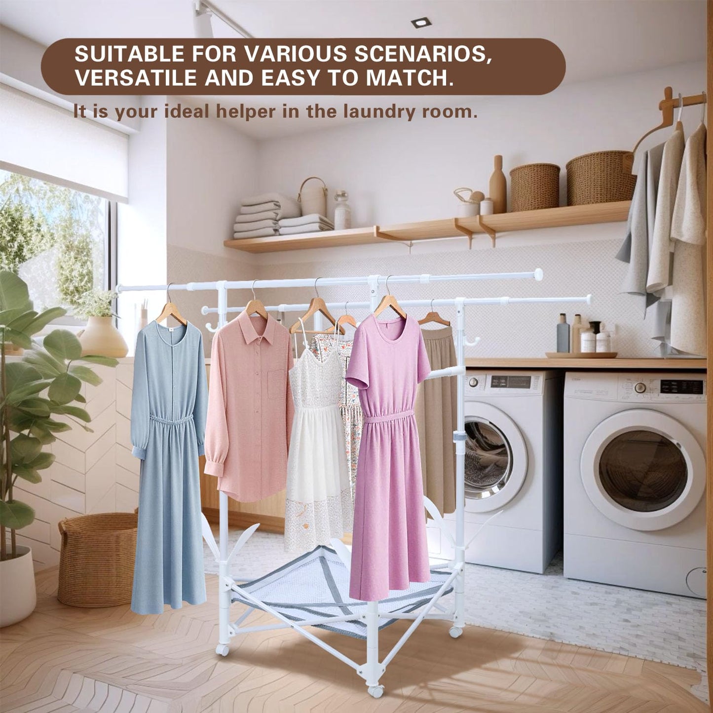 YrsFish Foldable Clothes Drying Rack,Double Rod Extendable 33.1–56.7 Inches,Drying Rack Clothing with Wheels,Sweater Drying Net,Shoes Drying Rack,Hat Hanger
