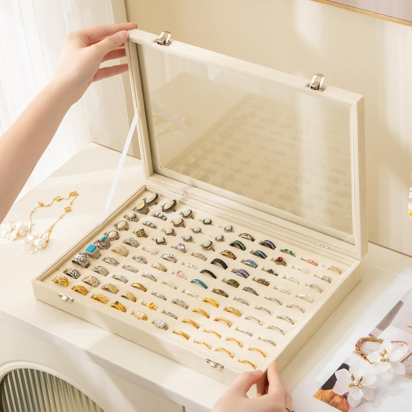 Frebeauty Ring Organizer Tray 100 Slots Ring Holder with Clear Lid Velvet Storage Box Jewelry Tray for Jewelry Store Earring Display Case for Jewelry Show Studs Box for Women(Beige)