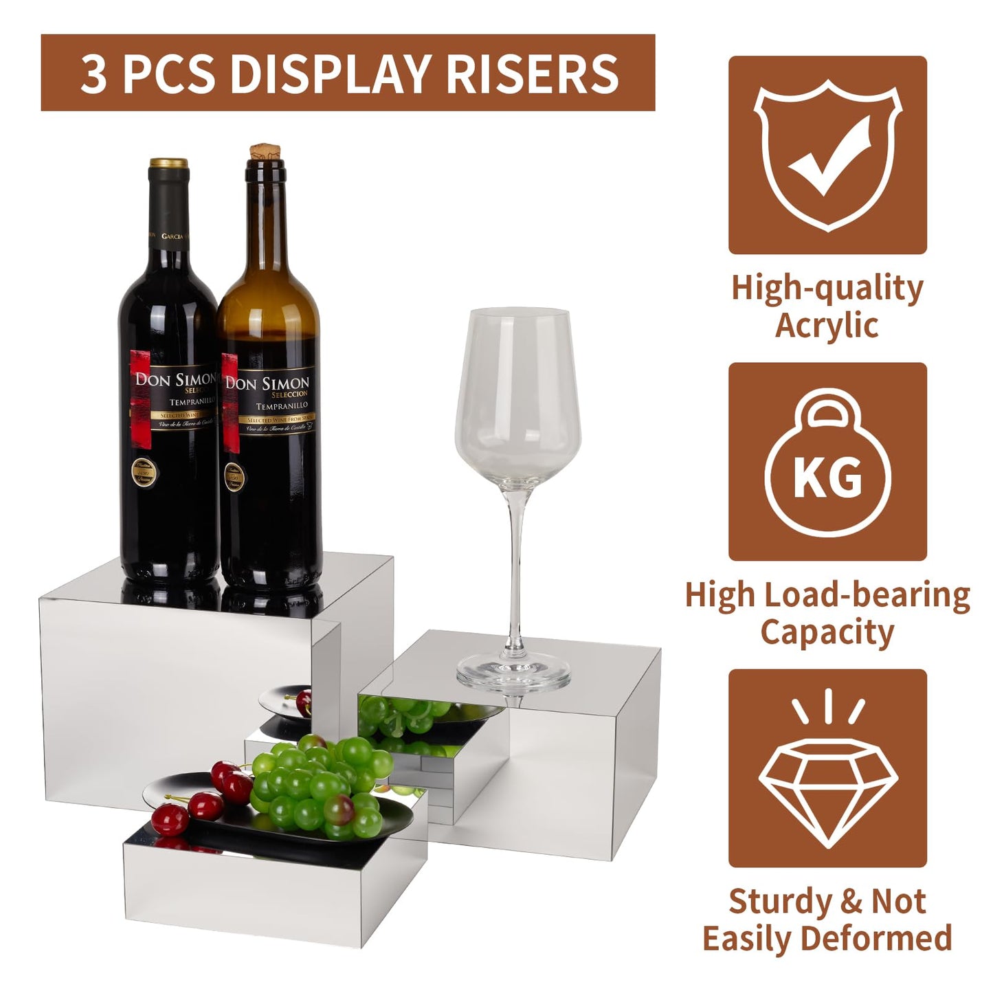 3 Pcs Silver Acrylic Risers Display Stands, Mirrored Nesting Cube Boxes Pedestal for Figures Collectible Jewelry Purse, Stackable Showcase Blocks, Food Display Buffet Risers for Dessert Cakes Catering