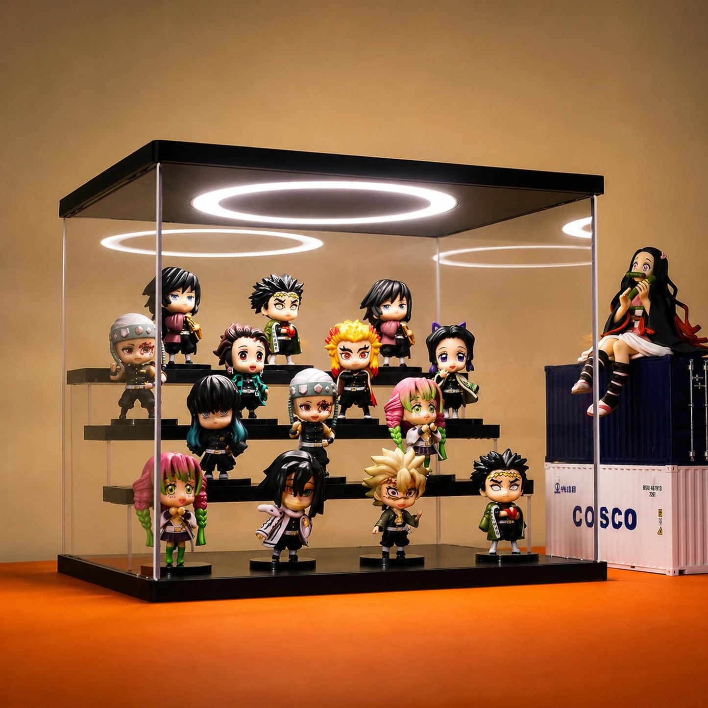 DORYBEN Acrylic Display Case with Adjustable LED Light, 4 Tier Clear Display Box Dustproof Showcase for Action Figures, Collectibles and Mini Toys, Assembly Display Cabinet(Black 12.5×9.5×10.4in)