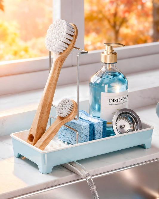 Caumic Minimalist Sink Caddy, Rustproof Sponge Holder for Kitchen Sink with 304 Stainless-Steel Brush Holder, Countertop Rack Organizer with Raised Ridges & Silicone Drain Tube (Pastel Blue, Large)