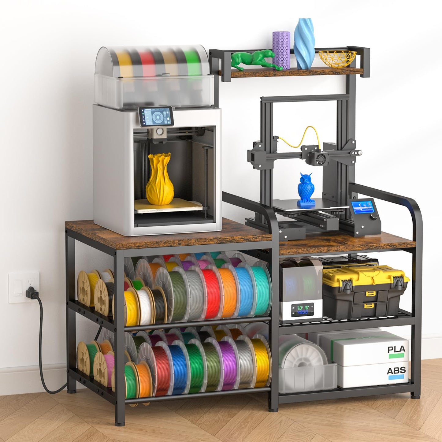 ikkle 3D Printer Table with Filament Storage Rack, Heavy Duty 3D Printer Stand with Power Outlet, 4-Tier 3D Print Desk & Filament Organized for Home Offices, Workshop, Studio (Brown)