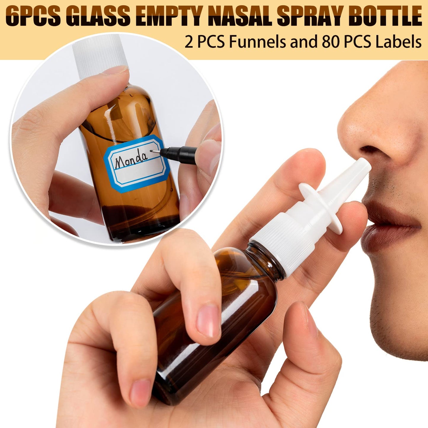 ZHWKMYP 10 Pcs Nasal Spray Bottle, 30ML/1oz 6 Pcs Glass Nose Spray Bottle Empty, Fine Mist Sprayers Atomizers with 2 Funnels and 2 Labels