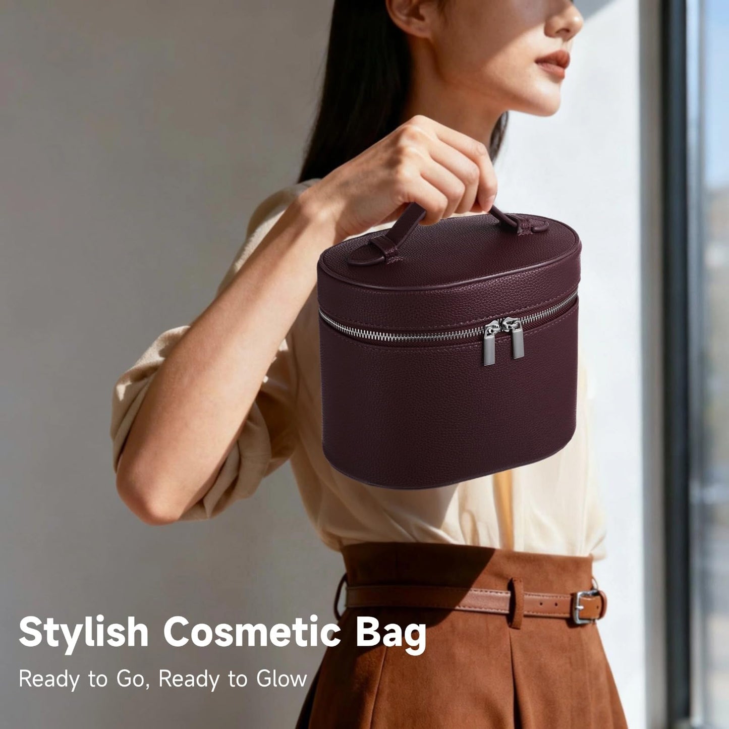 Makeup Vanity Bag for Women - Large Capacity Cosmetic Organizer with Removable Liner, Waterproof PU Leather Skincare Bag, Portable Chic Cosmetic Make Up Case for Skincare, Accessories, Burgundy