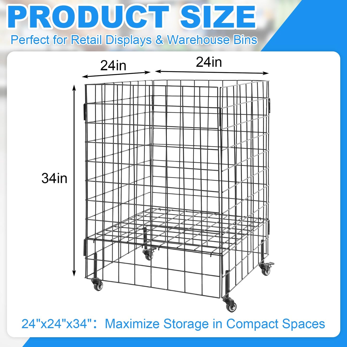 Leinuosen Heavy Duty Metal Rolling Dump Bin with Adjustable Internal Shelf and Locking Casters, Retail Display Storage Basket for Store Warehouse Donation Inventory Organization(24 x 24 x 34 Inches)