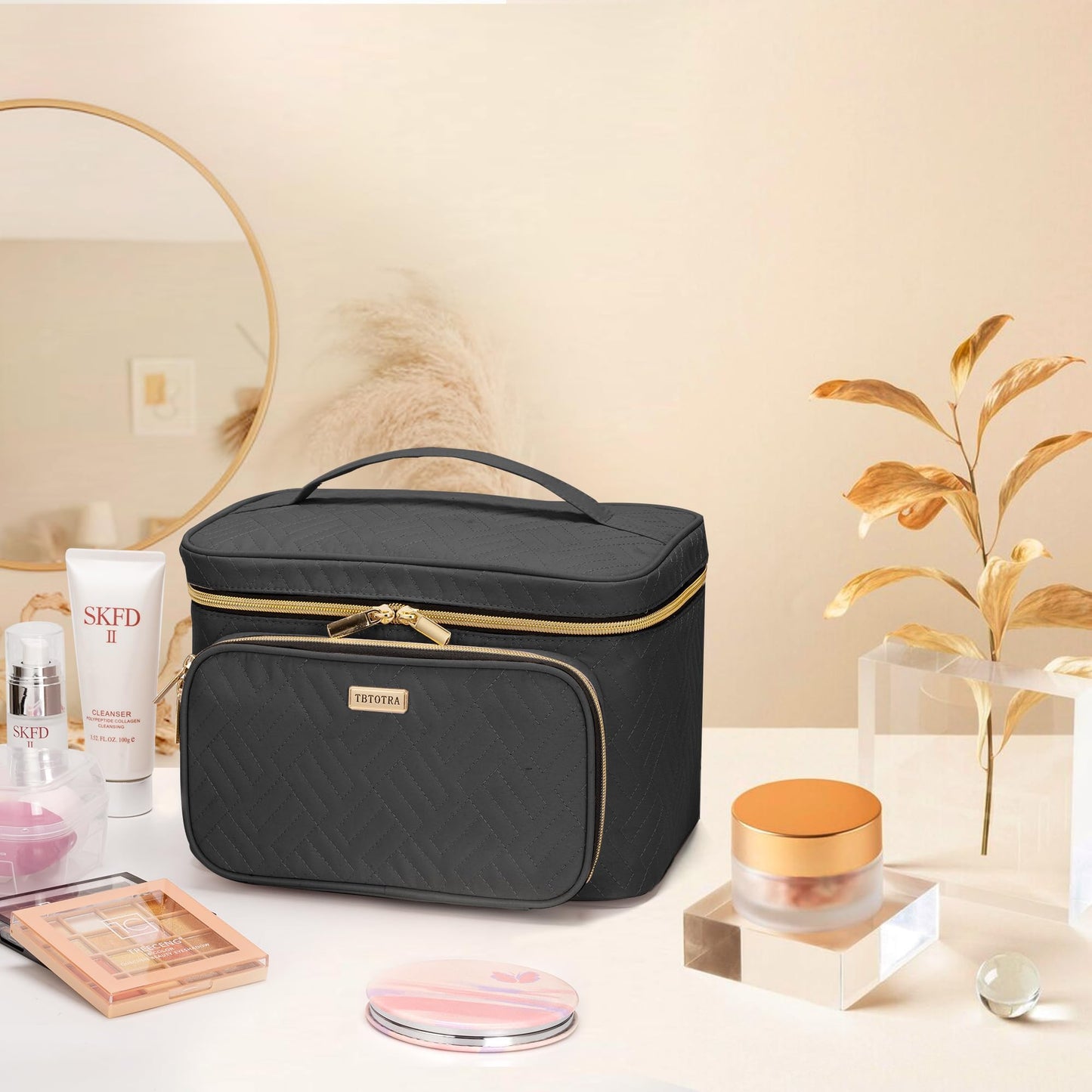 TBTOTRA Travel Makeup Bag with Jewelry Organizer, Large Cosmetic Case, Waterproof Toiletry Bag for Cosmetics, Brushes, and Tools, Black