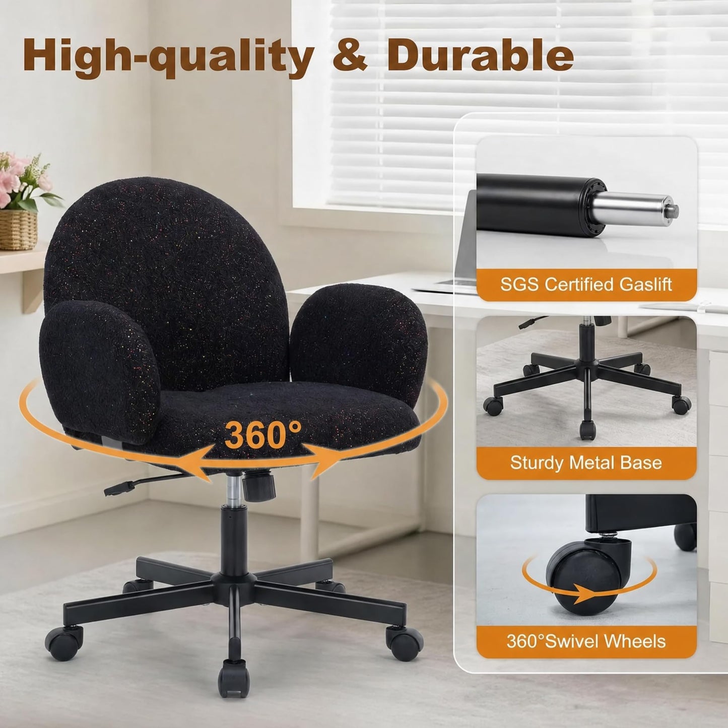 XYPFURN Home Office Desk Chair with Petal Backrest, Starry Chenille Cute Swivel Vanity Chair Adjustable Height, Comfy Upholstered Computer Chair with Wheels for Bedroom Living Room Makeup (Black)