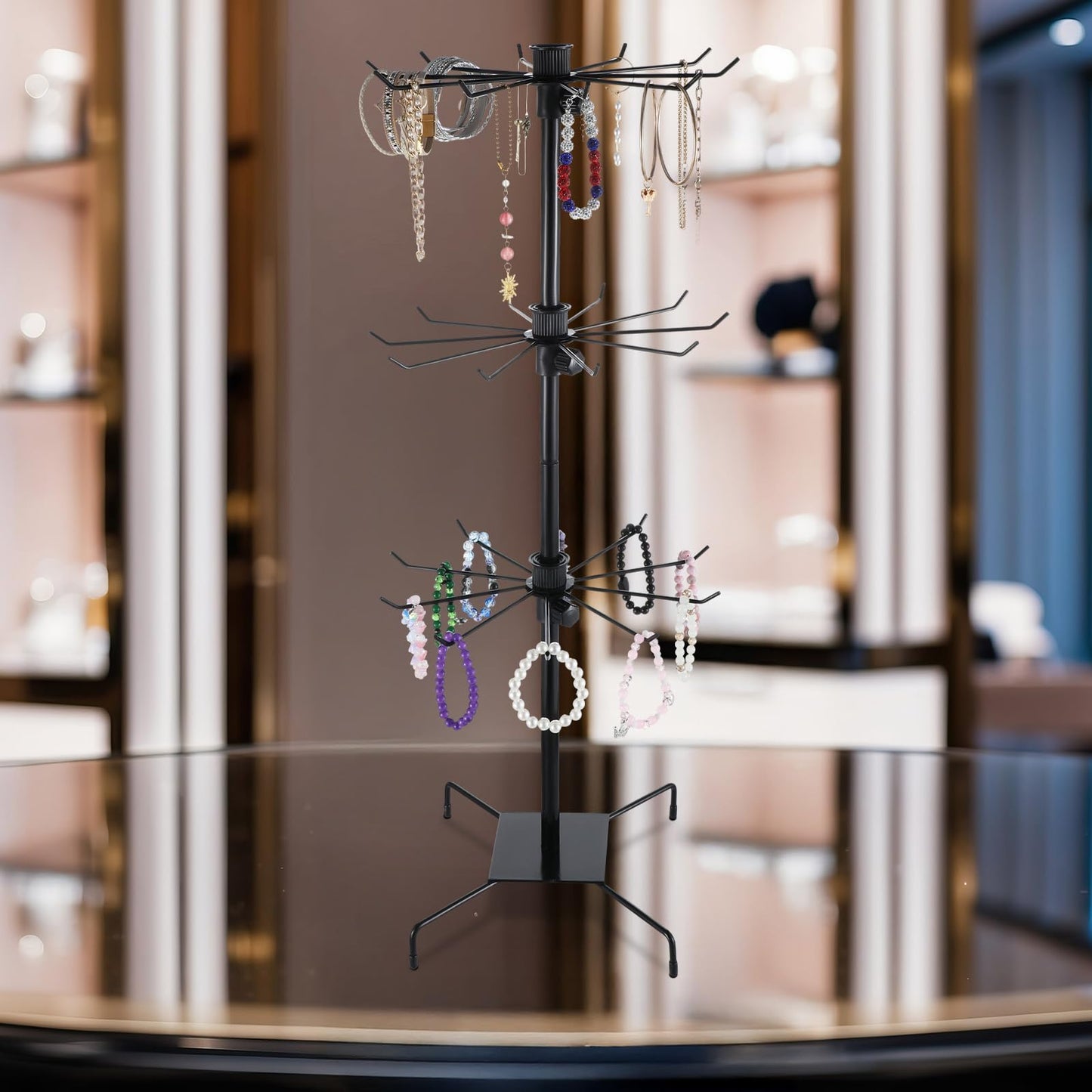 Xaajooio 2 Pcs 3 Tier Rotating Display Stand Black Metal Retail Display Stand with Hooks for Necklace, Bracelet, Earrings, and Keychains, Adjustable Height, 28.35 x 11.81 Inch