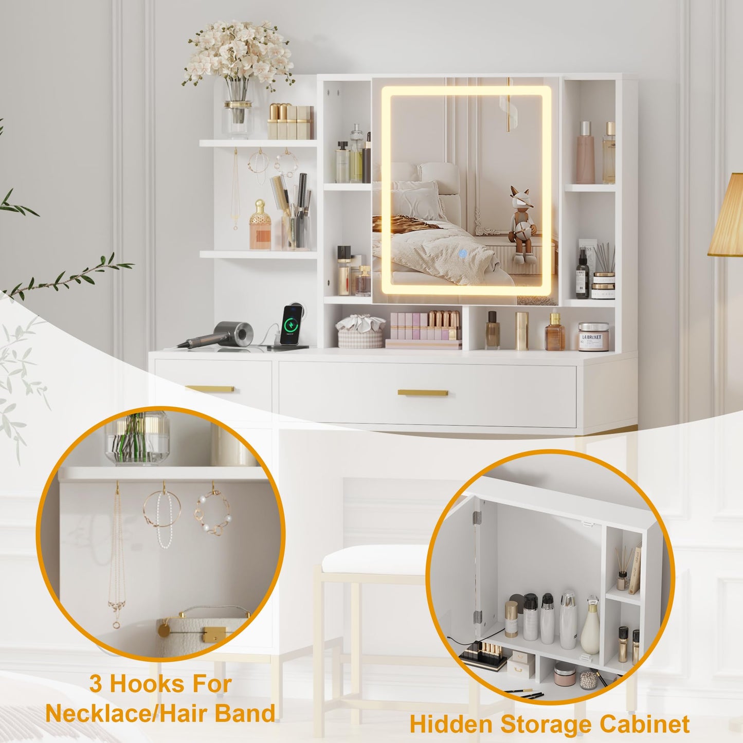 GAOMON 42.5" Makeup Vanity Desk with Mirror - Vanity Table with Stool, Charging Station, 3 Lighting Colors, Visible Drawers Storage Shelves, Dressing Table for Bedroom - White