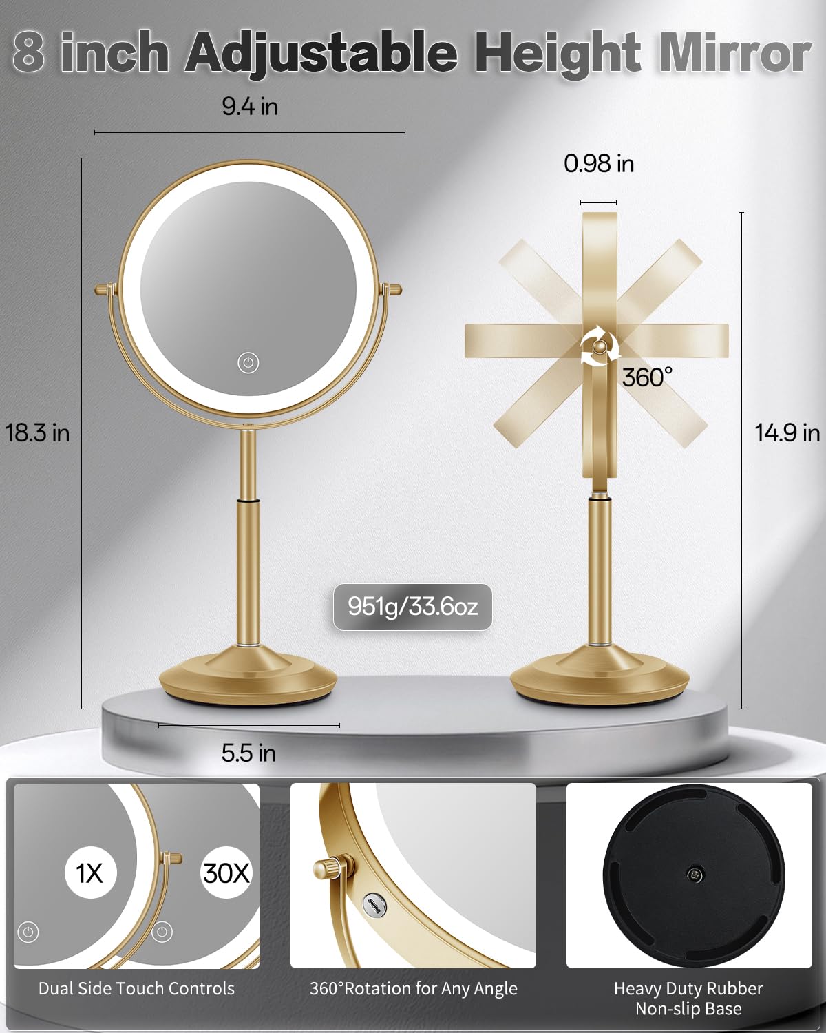VFD 30X/1X Makeup Mirror with Lights, Height Adjustable Lighted Magnifying Vanity Mirror with 3 Lighting and Adjustable Brightness, 3000mAh Rechargeable Double Sided