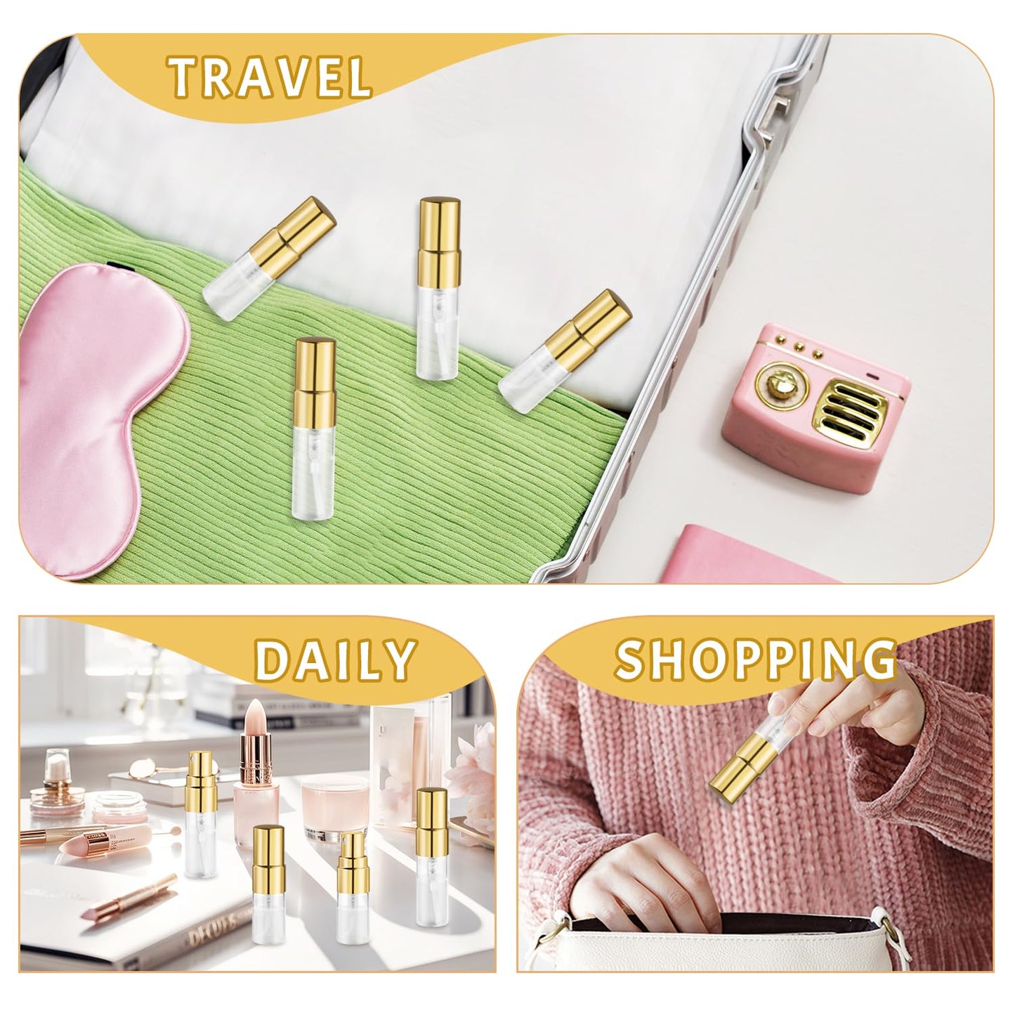 BOSMIOW 30Pcs 2ml Empty Clear Glass Mist Spray Bottle with Golden Aluminized Nozzle,Refillable Mini Perfume Atomizer,Travel Sample Liquid Bottle,Makeup Container for Perfume,Air Fresheners,