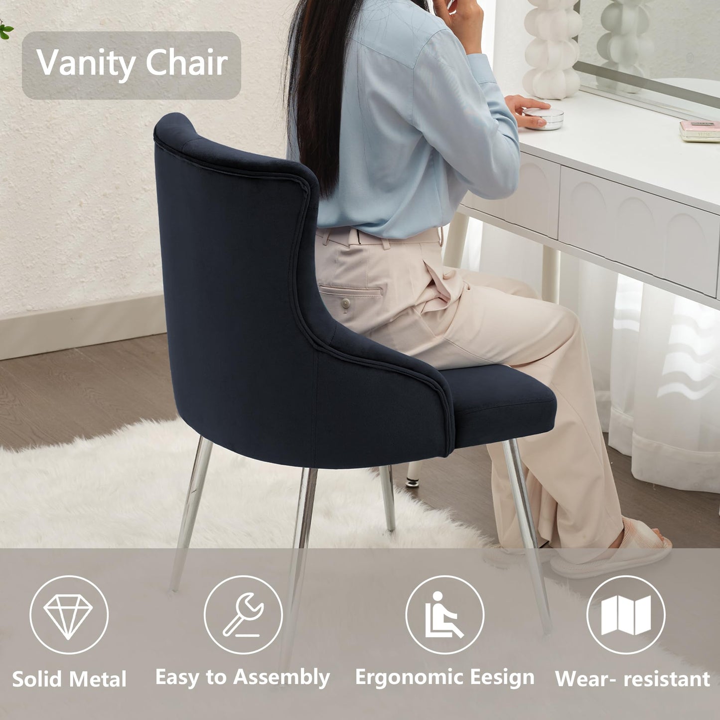 UDAX Velvet Vanity Chairs with Back, Upholstered Makeup Chair No Wheels with Metal Legs & Lumbar Pillow for Living Room/Makeup Room/Bedroom/Home Office/Kitchen