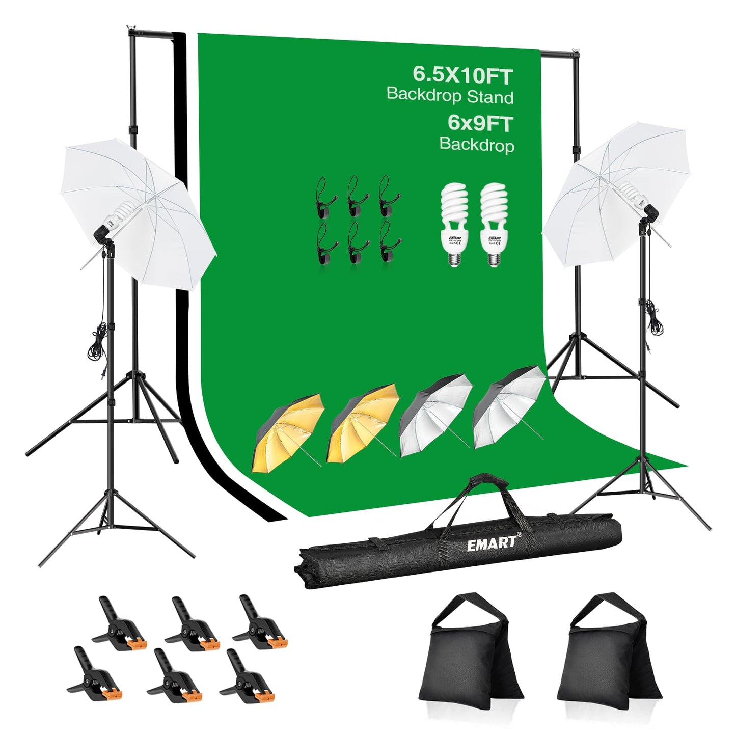 EMART 6.5x10ft Backdrop Support System, Professional Photography Lighting Kit with 45W CFL Blub, Umbrellas, 6x9ft Backdrop(White/Black/Green) for Photography Studio, Portrait, Video Shooting
