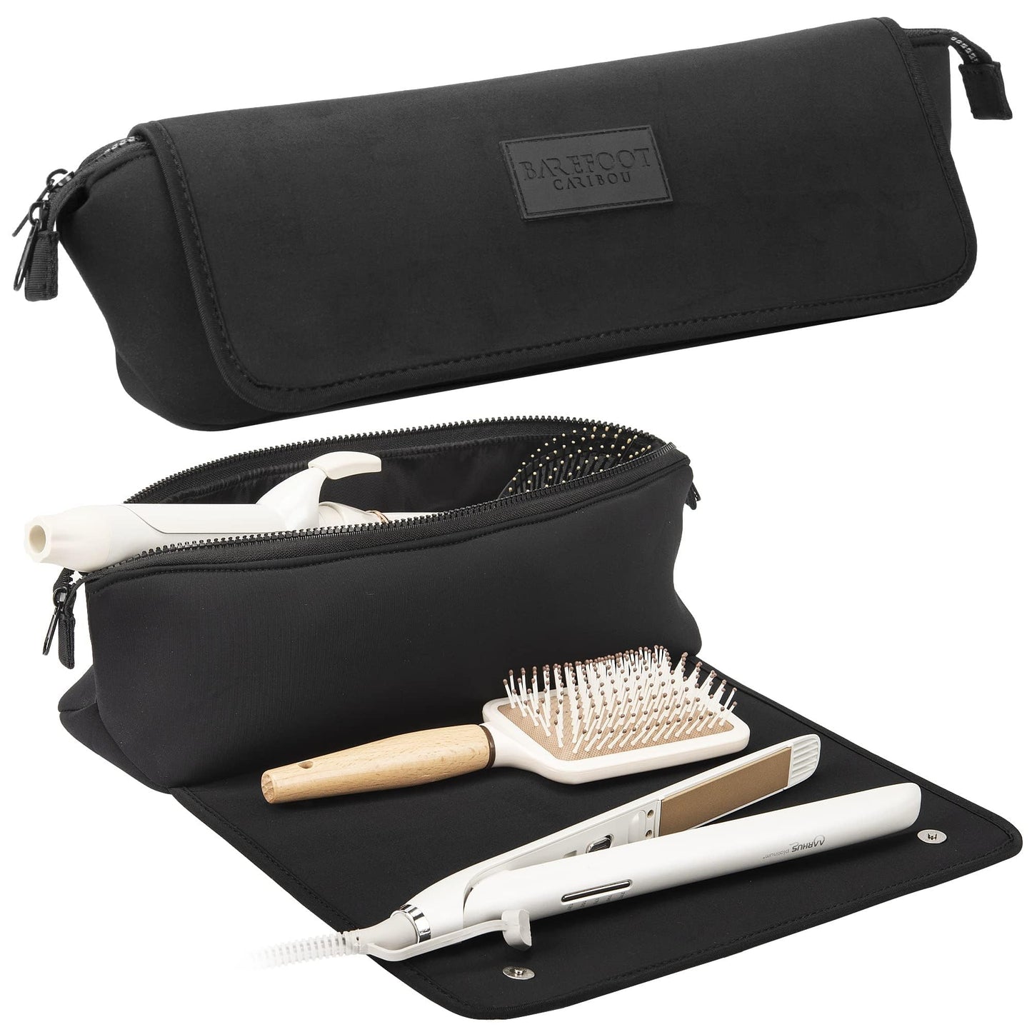 BAREFOOT CARIBOU Hair Tools Travel Bag and Heat Resistant Mat (15.5") for Flat Irons, Straighteners, Curling Iron, Haircare Accessories, 2-in-1 design, Interior Pockets, Portable Organizer (Black)